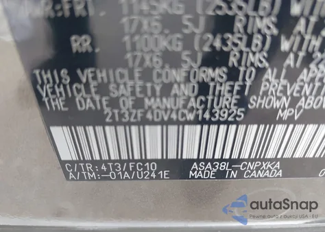 2012 Toyota Rav4 z USA, uszkodzony, nr VIN 2T3ZF4DV4CW143925